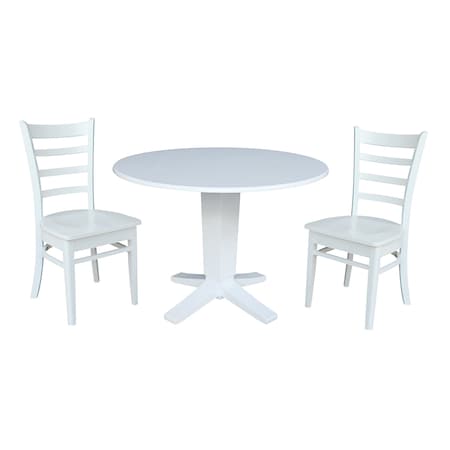 International Concepts 42 in. Solid Wood Round Drop Leaf Pedestal Table with 2 Dining Chairs in White K08-42DPT-23B-C617-2